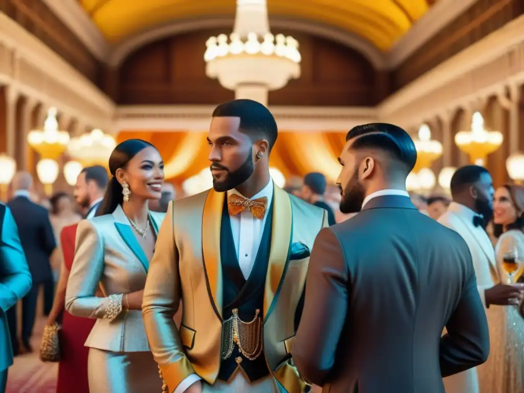 Conversación elegante en el Festival Internacional del Brandy Una escena sofisticada en el Festival Internacional del Brandy, ambientada en un elegante salón con asistentes animados