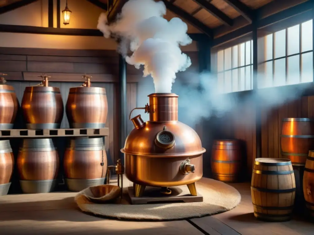 Destilación artesanal en alambique de cobre: proceso tradicional Escena tradicional de destilación de bebidas alcohólicas en un alambique de cobre en una destilería rústica iluminada por linternas