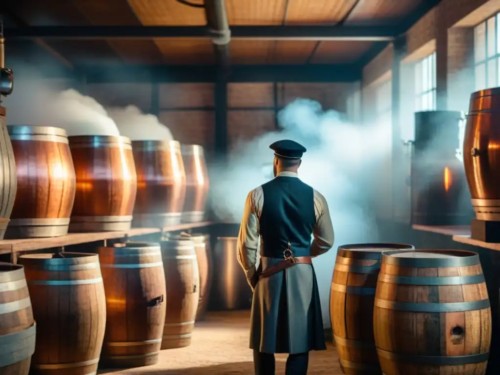 Destilería tradicional: historia y artesanía Escena vintage en destilería: alambiques de cobre reluciendo al sol, trabajadores en trajes de época y barriles en bodega