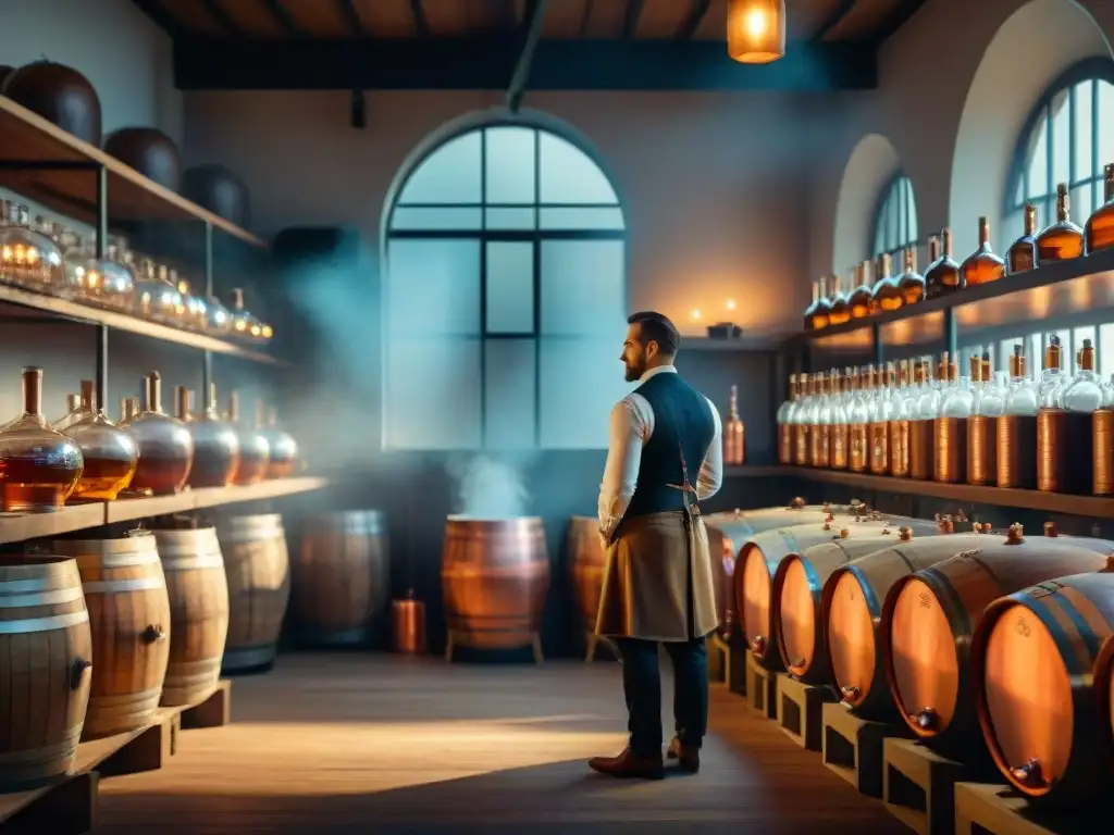 Destilería histórica: artesanía y tradición en 8k Escena vintage detallada de destilería con destiladores expertos y certificaciones destilación bebidas alcohólicas