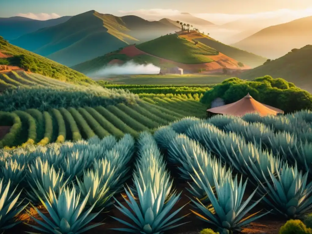 Escena detallada de destilería tradicional en campo de agave sustentable Escena vintage de destilería en equilibrio sostenible en campo de agave, con trabajadores y alambiques de cobre