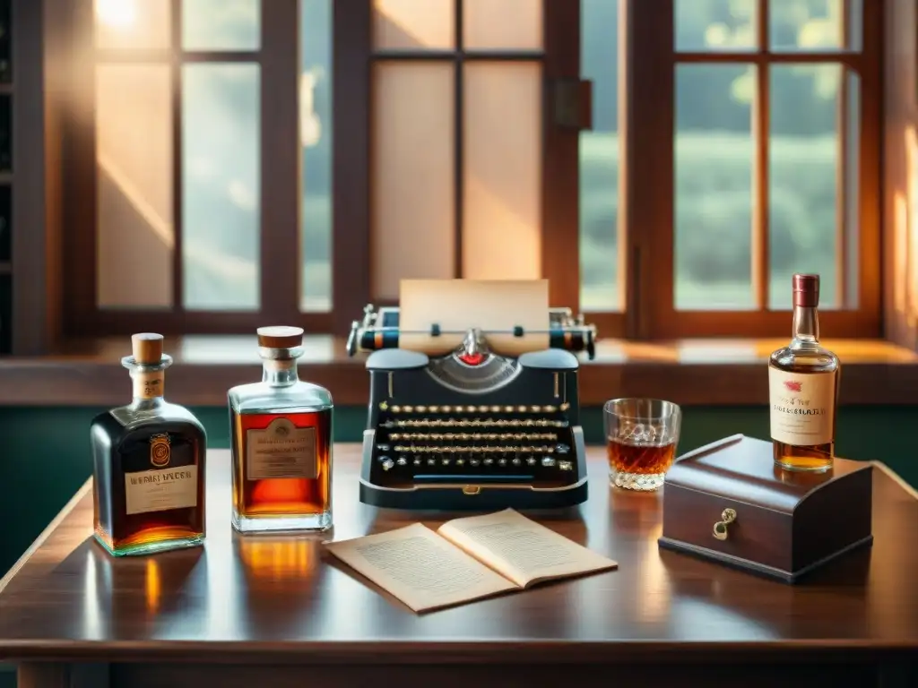 Escritorio vintage con licor premium y máquina de escribir Escena vintage de escritorio con licores premium, cristalería elegante y una máquina de escribir clásica al fondo
