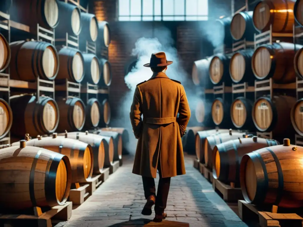 Destilería de whisky vintage en penumbra con figura misteriosa Un escenario oscuro de destilación de whisky con alambiques de cobre y figura misteriosa, evocando el cine noir