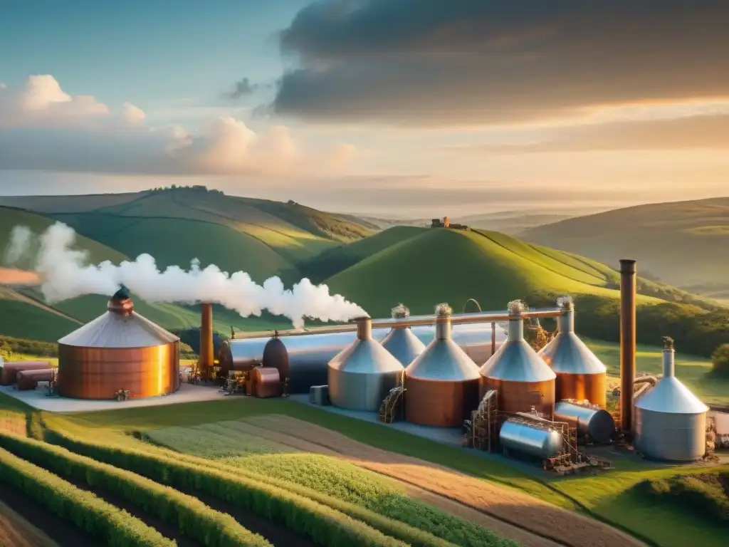 Destilería vintage en armonía: trabajadores cuidadosos y paisaje atardecer Un escenario de destilería vintage en armonía con la naturaleza, donde se muestra el equilibrio sostenible en la producción de destilados