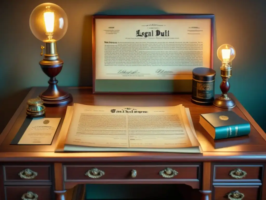 Escritorio legal vintage: profesionalismo en la industria de destilación Escritorio de madera vintage lleno de documentos legales, aplicaciones de licencia y pluma de tinta antigua