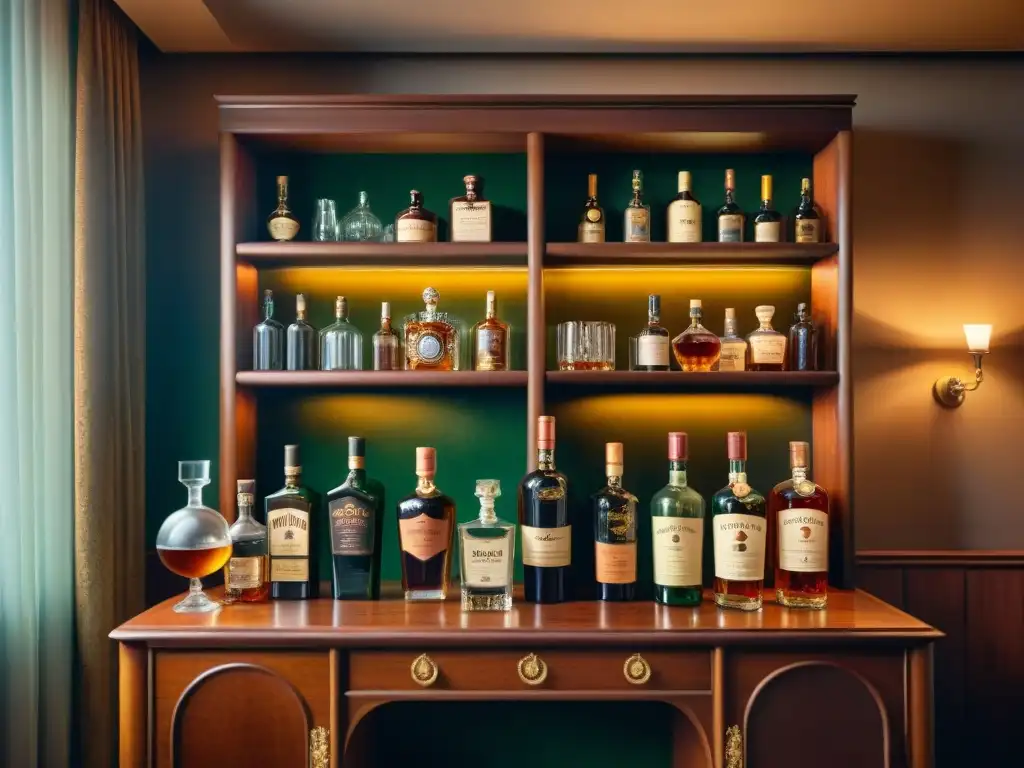Estudio vintage de licores: colección impresionante Estudio lujoso con colección de botellas vintage en estanterías ornamentadas