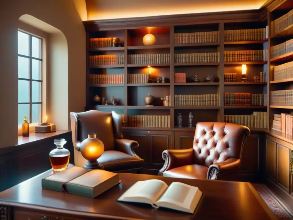 Estudio vintage: elegancia y tranquilidad con destilados Estudio sereno con libros, decantador de líquido ámbar, escritorio de caoba y sillón acogedor