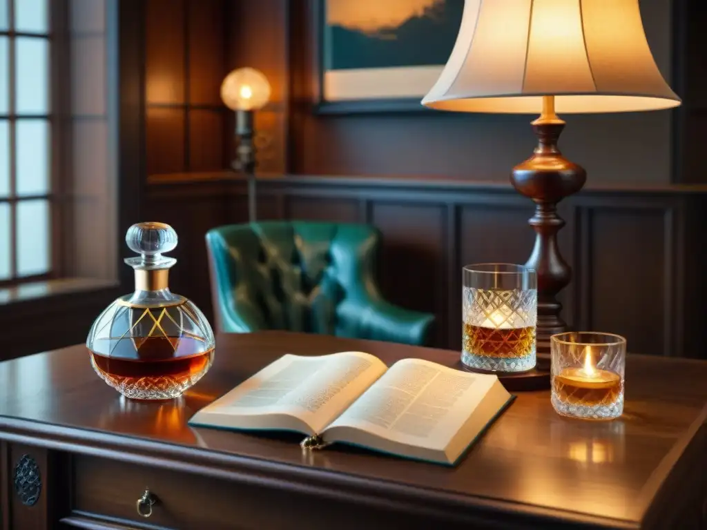 Estudio vintage con whisky: elegancia y tranquilidad Un estudio vintage elegante con destilados, libros y reloj de bolsillo