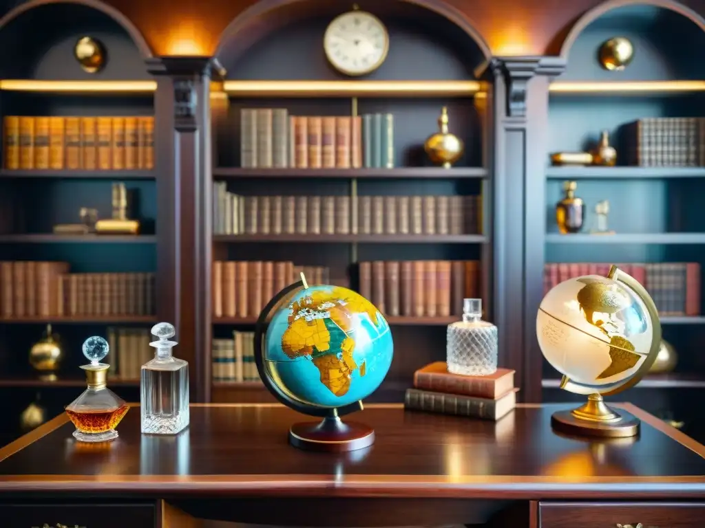 Estudio vintage: libros, globo y whisky en cristal Estudio vintage elegante con libros antiguos, globo terráqueo, lámpara de escritorio y decantador de licor
