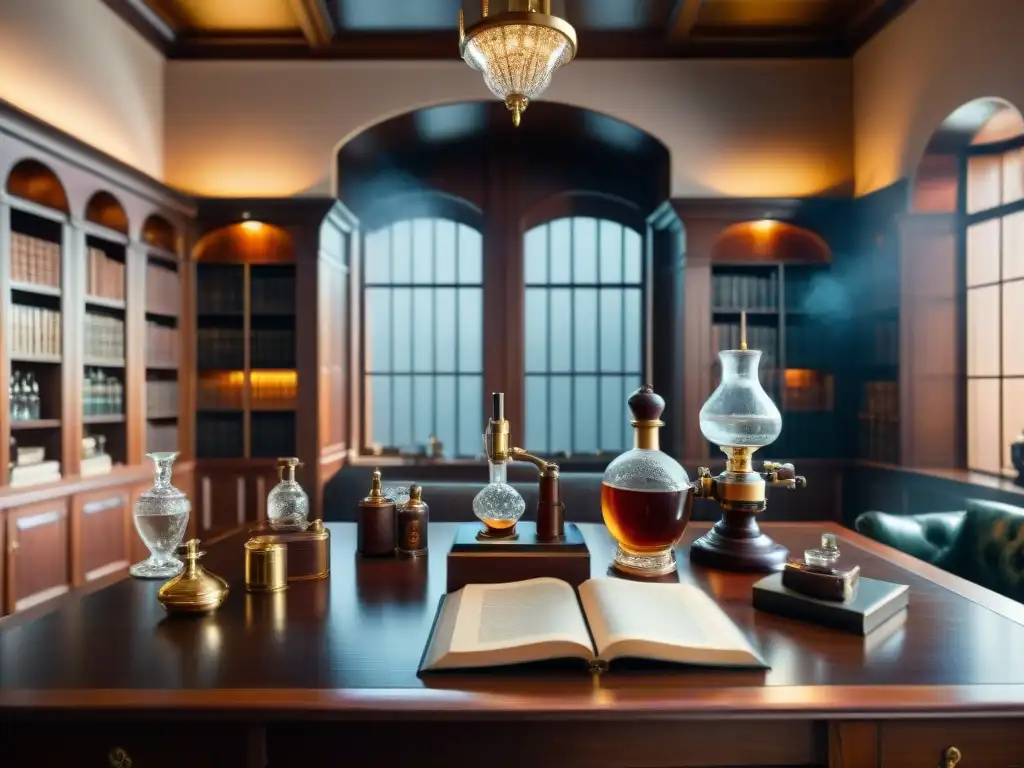 Un estudio vintage elegante con muebles de madera oscura, sillas de cuero y un escritorio de caoba con decantadores de licor ámbar