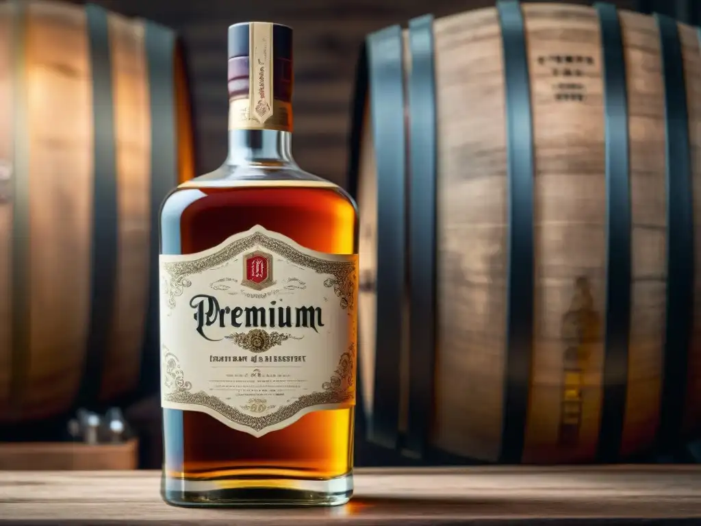 Etiqueta vintage para whisky: Premium Reserve con filigranas doradas Etiqueta vintage para botella de whisky, con detalles dorados y florales sobre pergamino