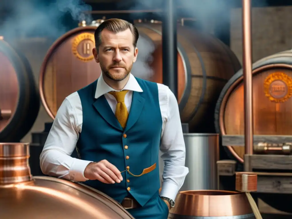 Destilería europea vintage: tradición y artesanía ancestral Un destilería europea vintage con alambiques de cobre, barriles de whiskey y trabajadores en trajes de época, en un paisaje rural