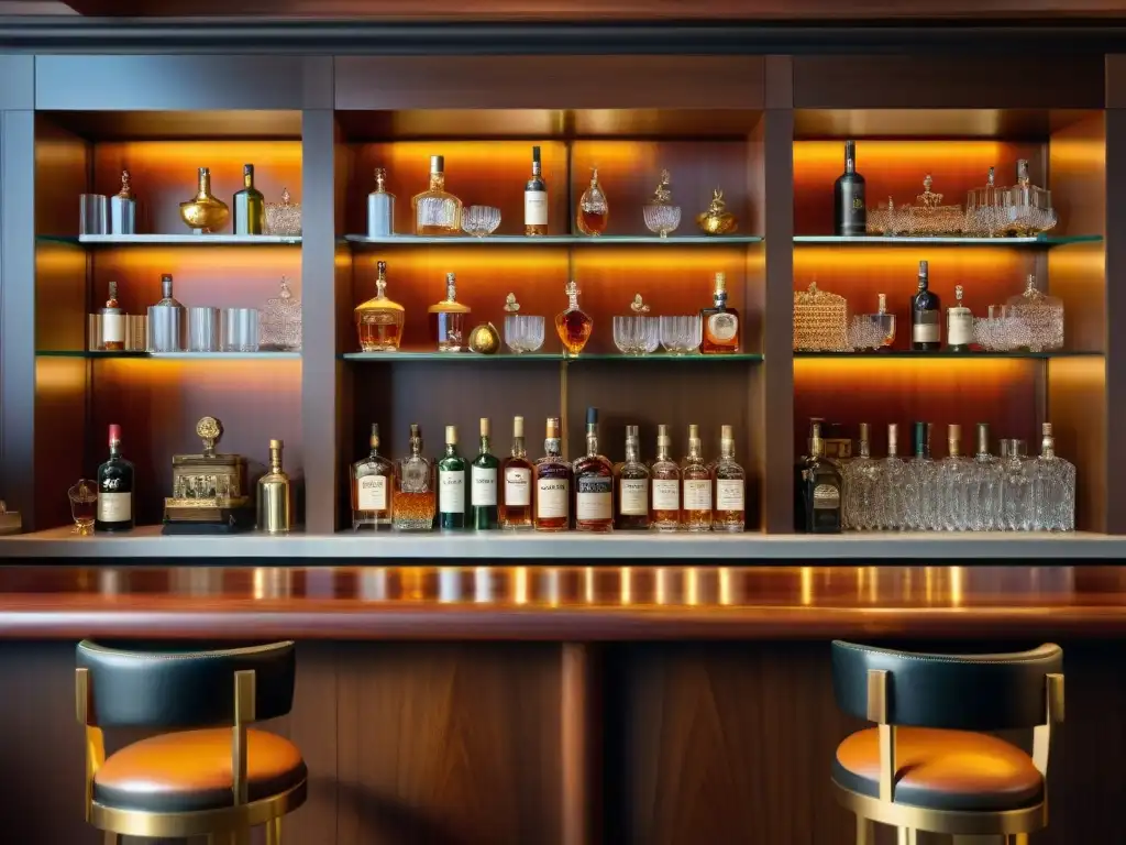 Bar de whisky opulento con decantador vintage y botellas raras Una exclusiva barra de whisky con destilados exóticos para clubes exclusivos