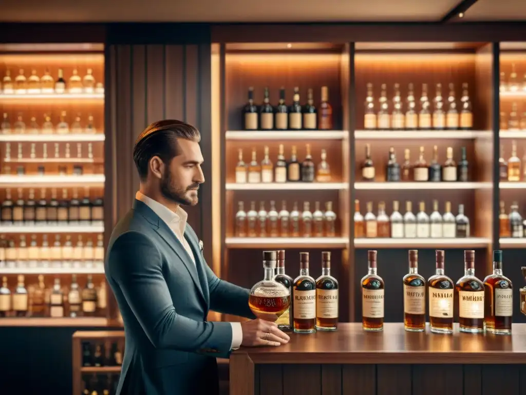 Tienda de licores vintage: lujo y exclusividad Una exclusiva licorería vintage con botellas premium y ambiente acogedor