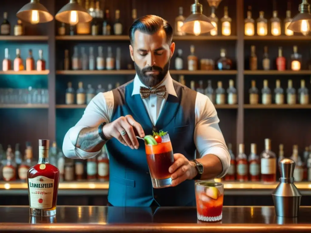 Maestro coctelero preparando un Bloody Mary en un elegante bar vintage Un experto bartender prepara un Bloody Mary en un bar elegante, destacando las técnicas de destilación de bebidas alcohólicas