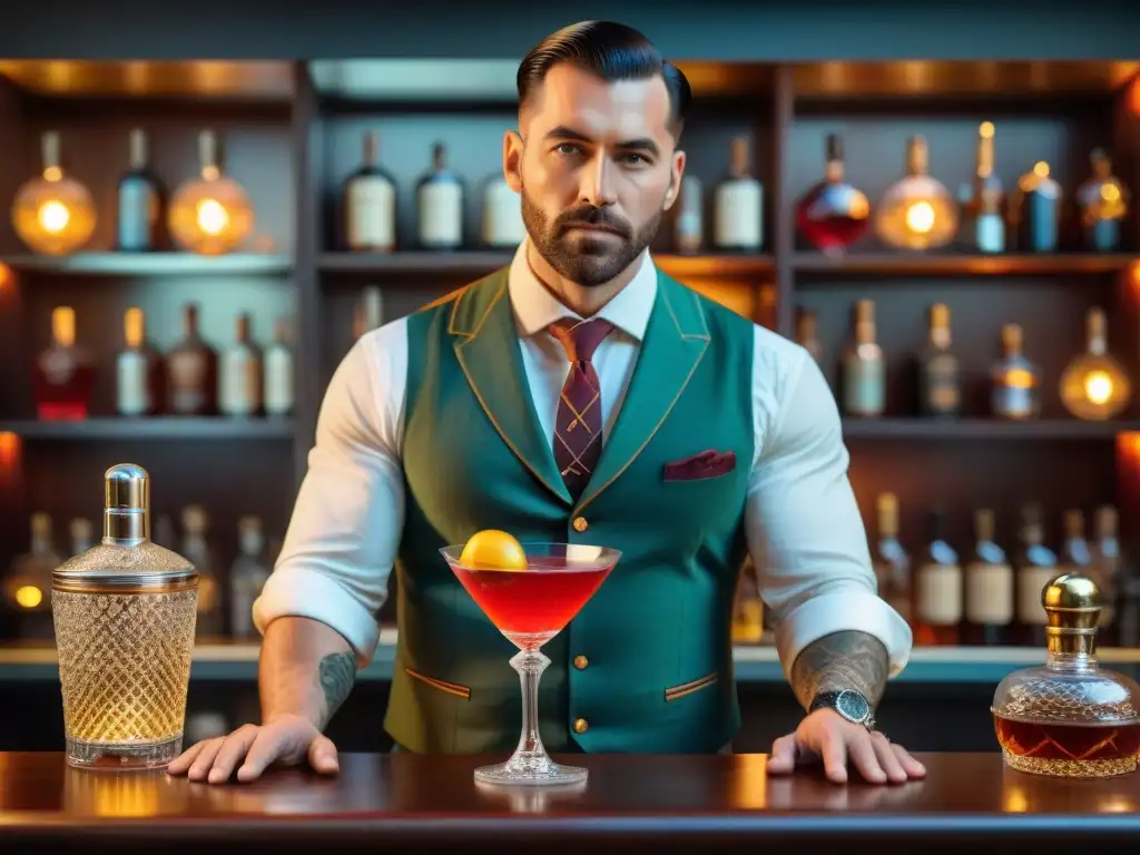 Cóctel vintage en bar clandestino: arte y sofisticación Un bartender experto prepara un cocktail en un elegante bar speakeasy