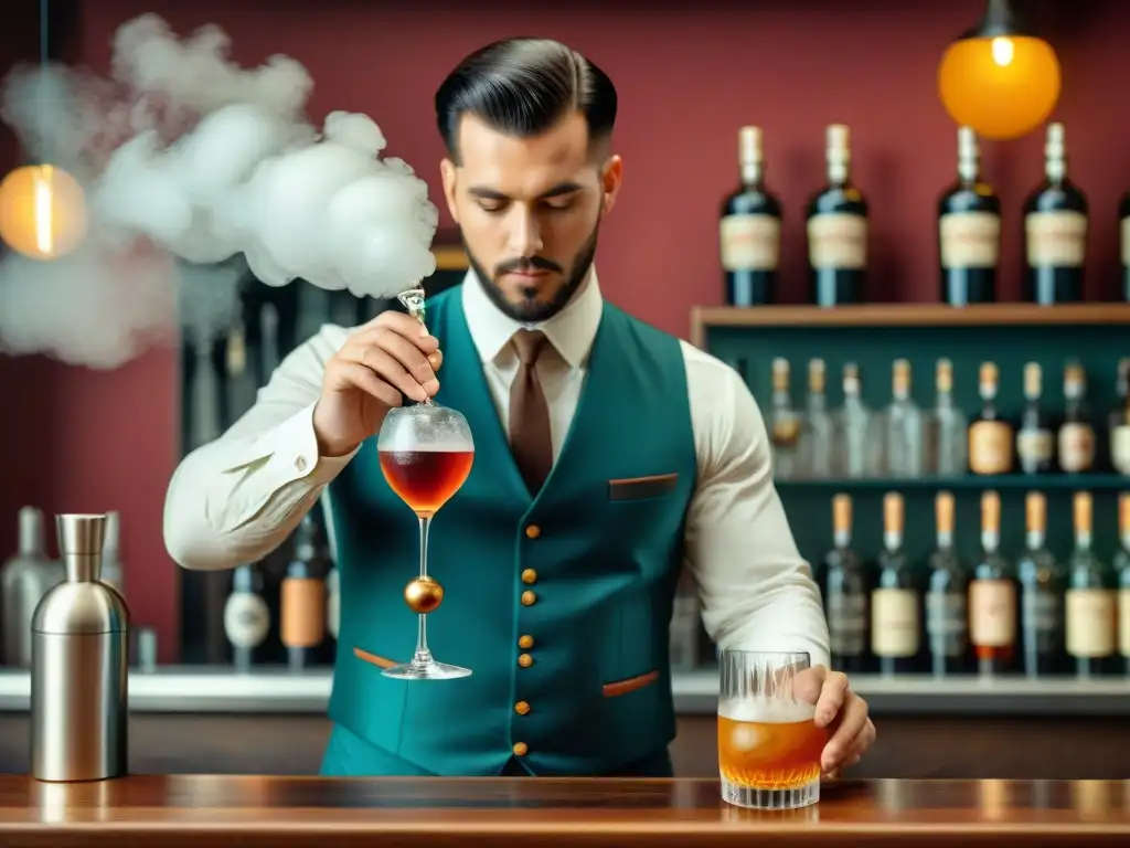 Maestro de la carbonatación: creando elegancia burbujeante Un bartender experto añade carbonatación a un cóctel con una sifón clásica, demostrando técnicas de carbonatación en cocteles