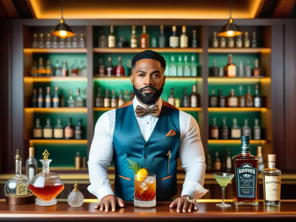Majestuoso barman preparando exquisito cóctel en bar vintage Un experto bartender crea un cóctel sofisticado en un elegante bar