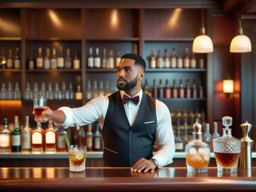 Maestro coctelero preparando cóctel premium en bar clásico Un experto bartender prepara cócteles con destilados para aperitivo en un elegante bar de madera, evocando elegancia y artesanía atemporal