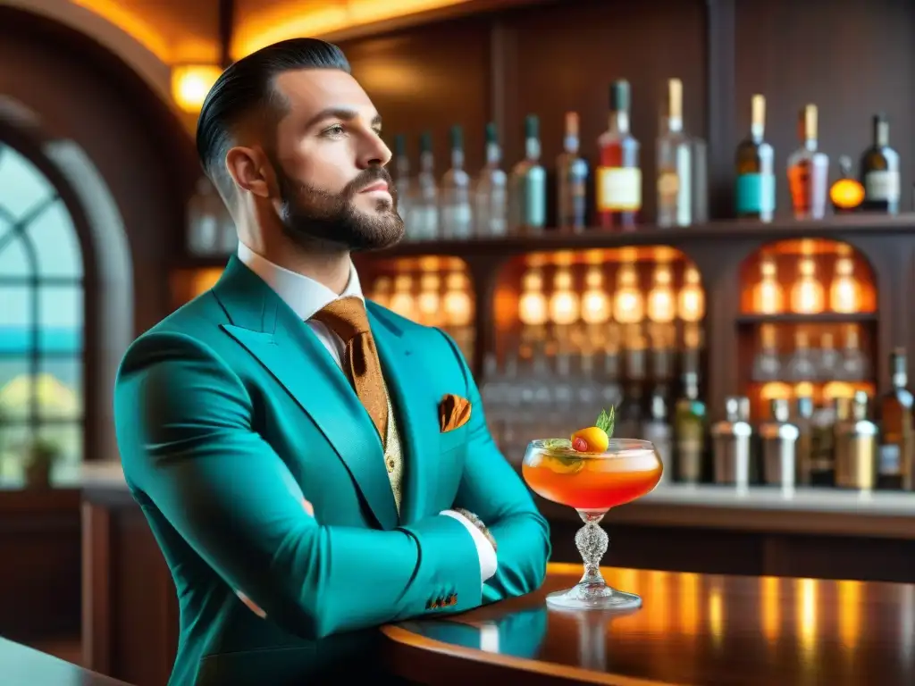 Exquisita mixología sin alcohol: el arte detrás de la barra Un experto bartender prepara un exquisito cóctel sin alcohol en un elegante bar de madera, mostrando técnicas de destilación de bebidas alcohólicas