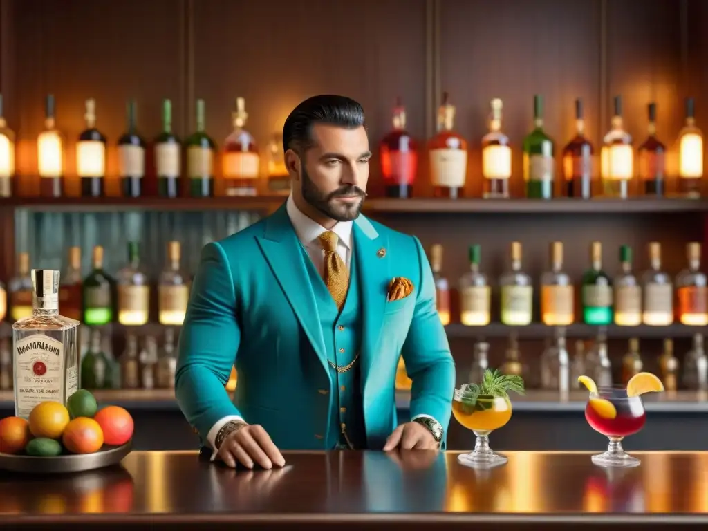 Exquisito mixólogo: arte en la coctelería vintage Un experto mixólogo combina destilados y mixers con armonía en un elegante bar vintage