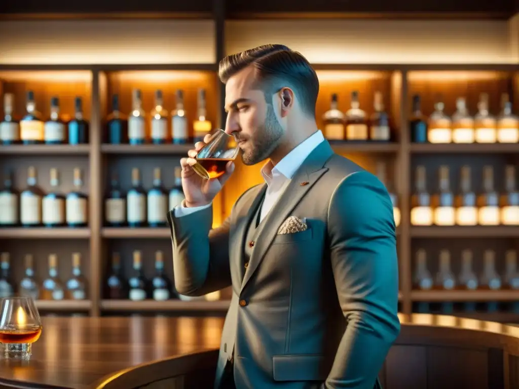 Experto sommelier en cata de whisky Glencairn en sala elegante Un experto sumiller olfatea una copa de whisky Glencairn en una elegante sala de cata, destacando la importancia de los sentidos destilados