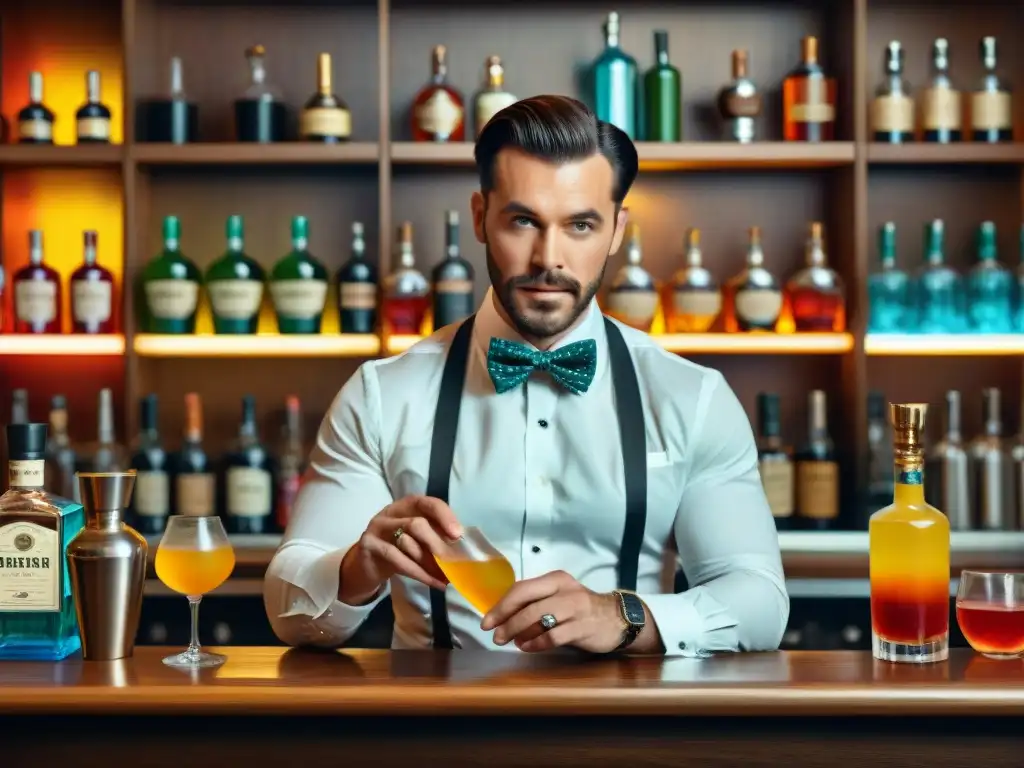 Experto bartender malabarista de cócteles en bar vintage Un bartender experto muestra técnicas eficientes de coctelería con calidad, preparando cócteles detrás del bar abarrotado