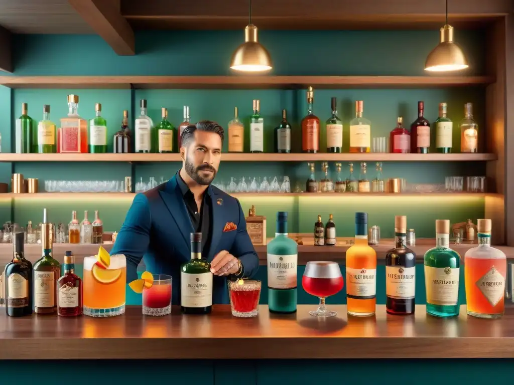 Maestros de la coctelería: creando sin alcohol Expertos mixólogos crean cócteles sin alcohol con técnicas destilación bebidas alcohólicas en un ambiente cálido y detallado