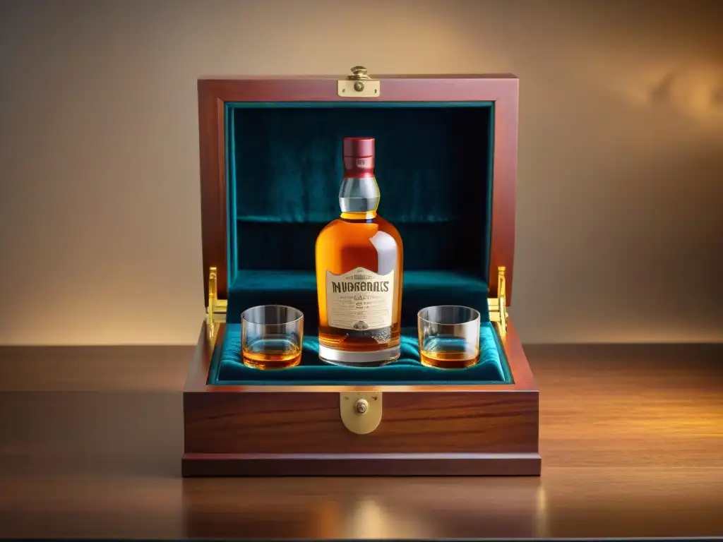 Exquisita colección de whisky en elegante caja de madera Exquisita caja de madera con botellas de whisky premium de todo el mundo, presentadas con lujo