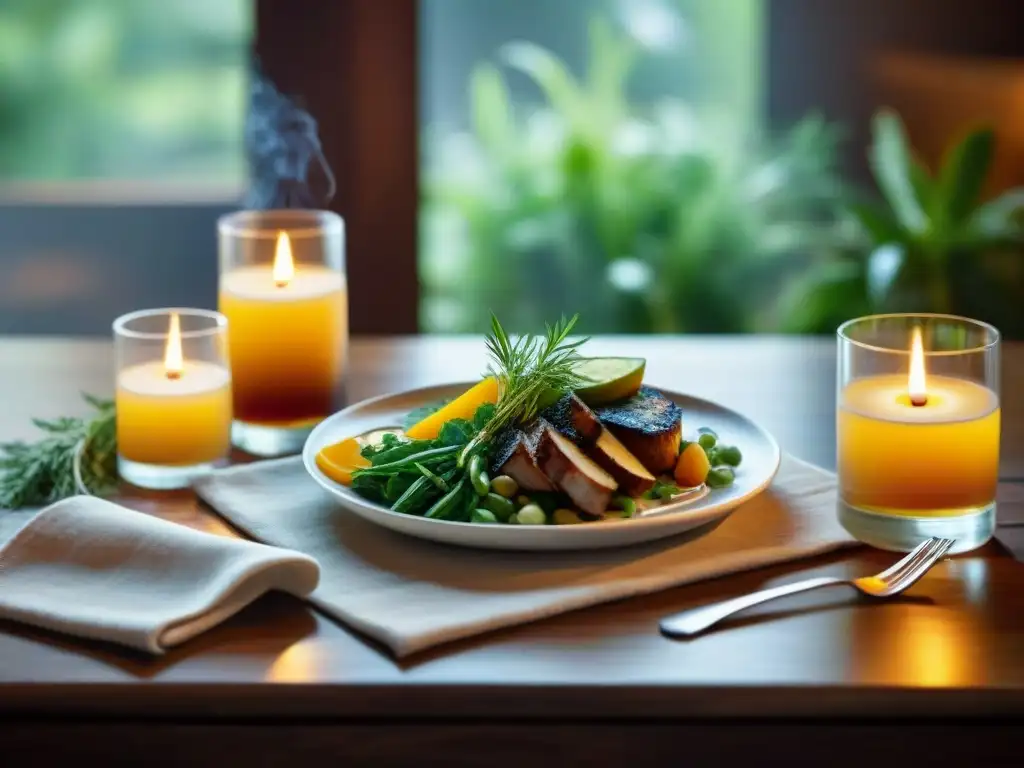 Exquisita cena vegetariana y destilados modernos en mesa de madera Exquisita mesa rústica preparada para una experiencia gastronómica fina con destilación de bebidas alcohólicas moderna