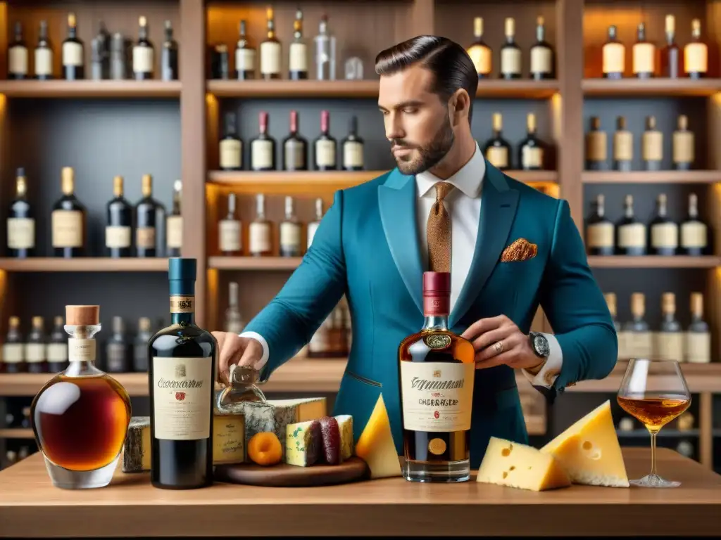 Sommelier maridando licores y platillos gourmet en ilustración vintage Exquisito maridaje destilados, sabores y aromas en ilustración vintage