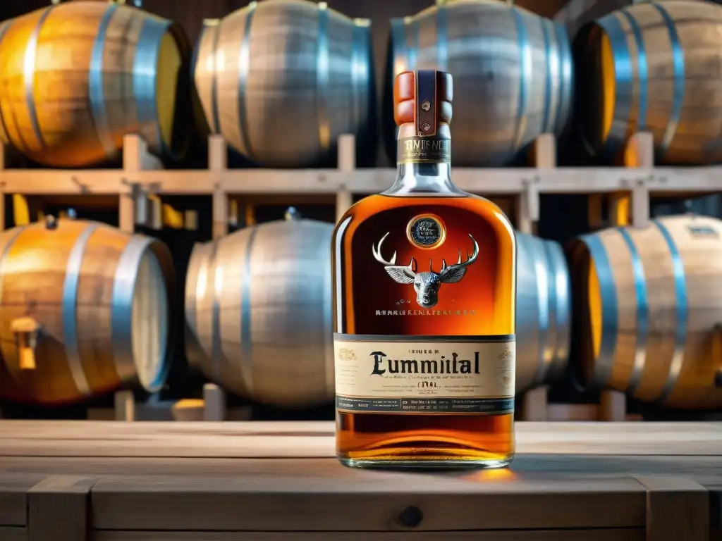 Un exquisito whisky añejo en una botella de vidrio antigua con cierre innovador, en una destilería