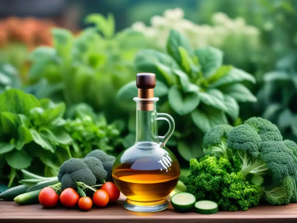 Jardín exuberante con destilador de cobre: tradición y naturaleza Un jardín exuberante con vegetales y hierbas, con alambique de cobre al fondo