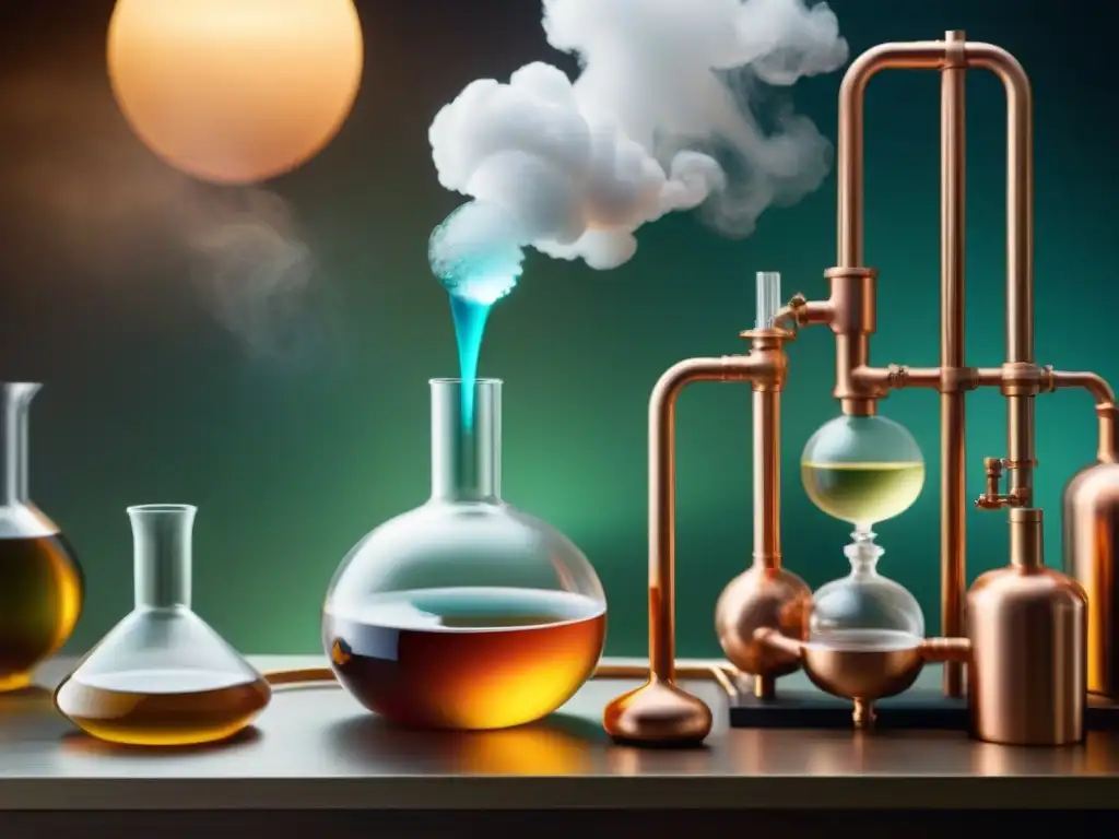 Destilación moderna: precisión y tradición líquida Fascinante destilación de bebidas alcohólicas modernas en acción, rodeada de vidrio y cobre, evocando precisión e innovación