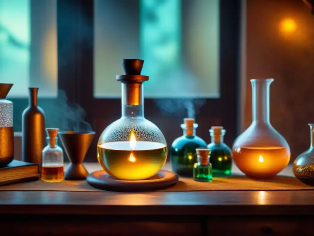 Alquimia antigua: laboratorio detallado en 8k Fascinante laboratorio de alquimia con destilación alcohólica dual, cristalería detallada y misteriosos ingredientes, iluminado por velas