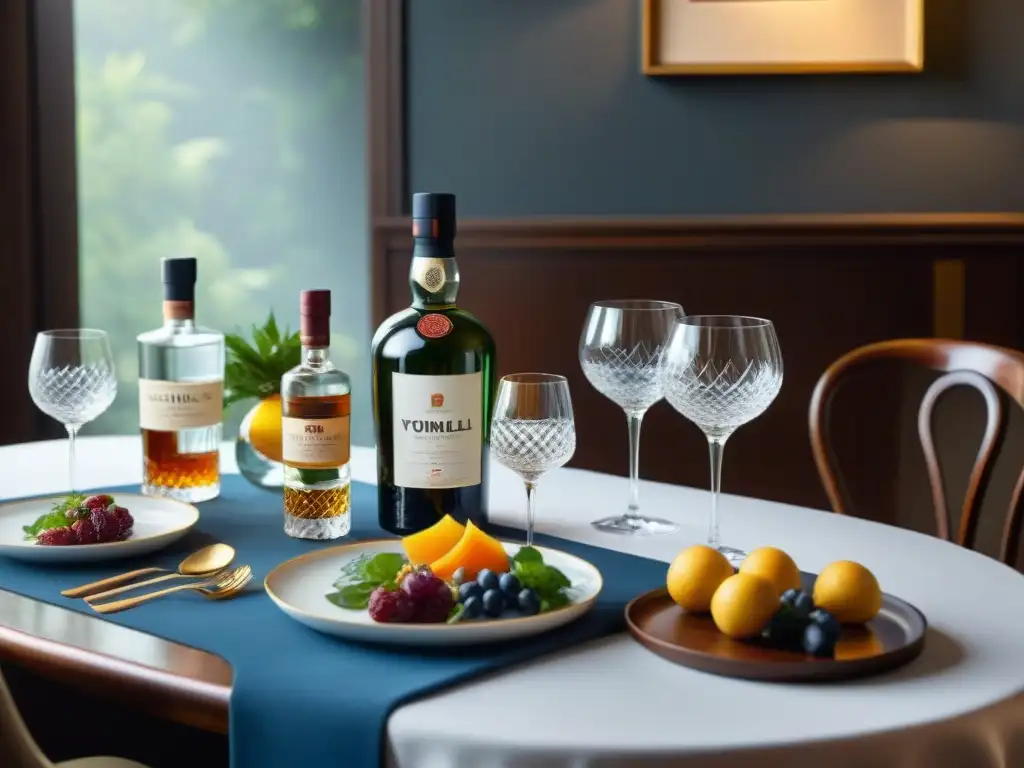 Exquisita armonía: Mesa elegante con licores y platillos gourmet Un festín de armonía líquida: destilados y comida expertamente combinados en una mesa elegante y lujosa