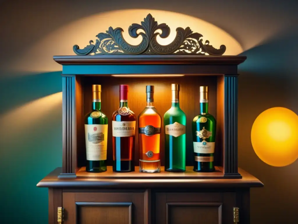 Exquisita colección de licores en gabinete vintage Un gabinete vintage lleno de botellas de licor coloridas, destilando elegancia y sofisticación