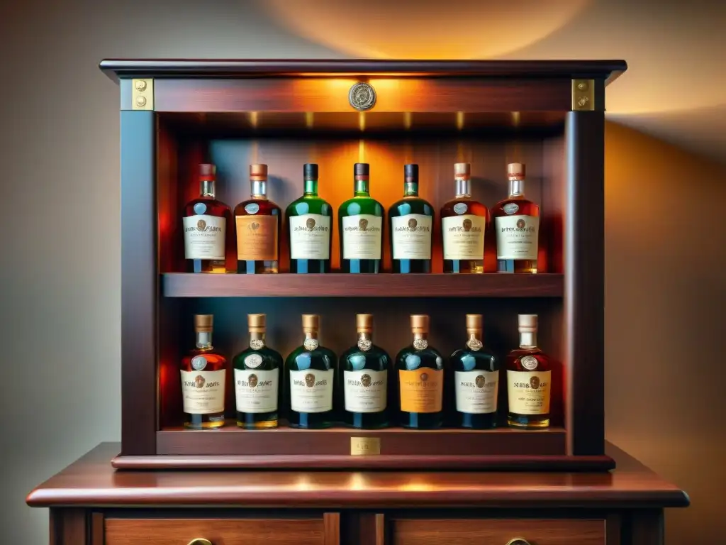 Gabinete vintage de licores exclusivos: 8k detalle Un gabinete vintage lleno de licores raros y exóticos, evocando lujo y exclusividad para un conocedor de Destilación de bebidas alcohólicas raras