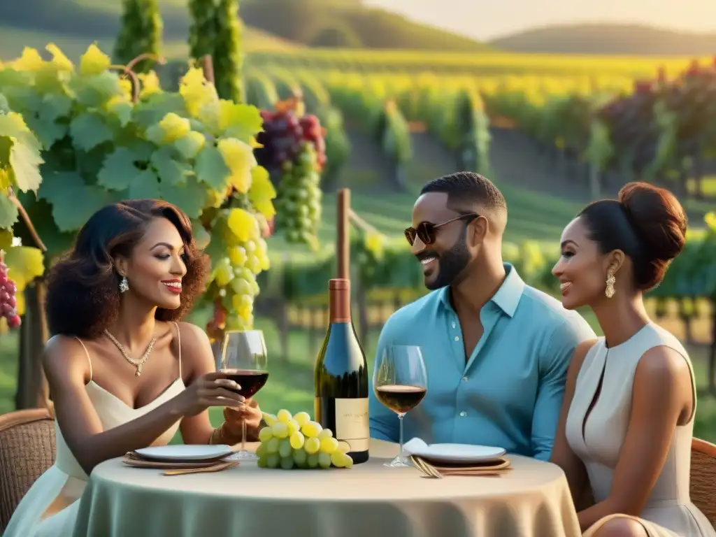 Vino y camaradería en viñedo al atardecer Un grupo de adultos disfruta de una velada elegante en una escena de viñedo al atardecer, transmitiendo relax y camaradería