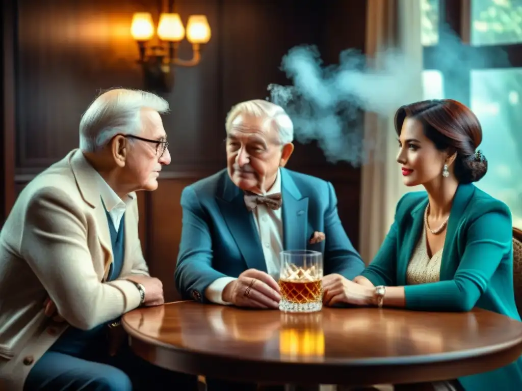 Reunión íntima de ancianos con licor fino y decoración vintage Grupo de ancianos disfrutando de una animada conversación alrededor de una mesa iluminada, con copas de licor