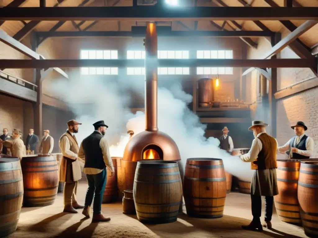 Antigua destilación: proceso histórico en destilería Grupo en atuendos tradicionales destilan licores en antigua destilería, evocando historia destilación bebidas alcohólicas