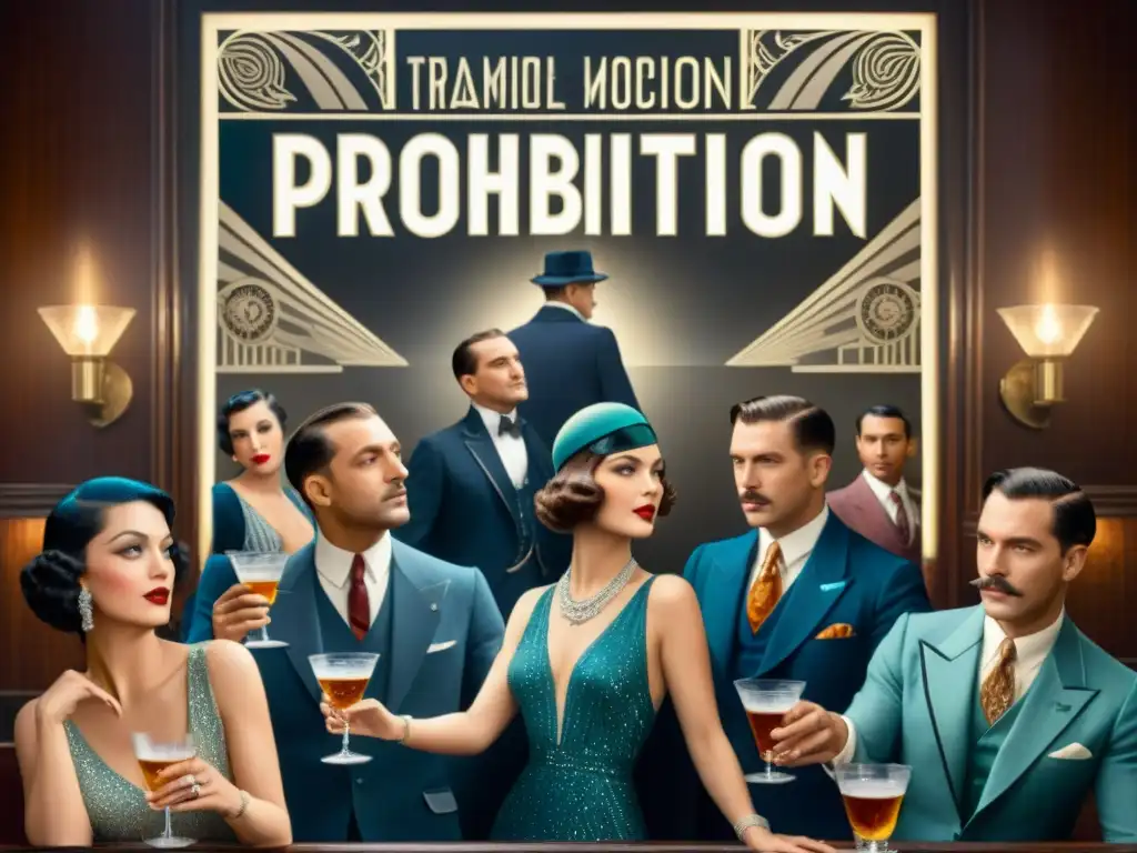 Cartel vintage de la Ley Seca: resistencia y unión en un speakeasy Grupo diverso desafiando la propaganda y estigma del alcohol en un speakeasy de la era de la Prohibición