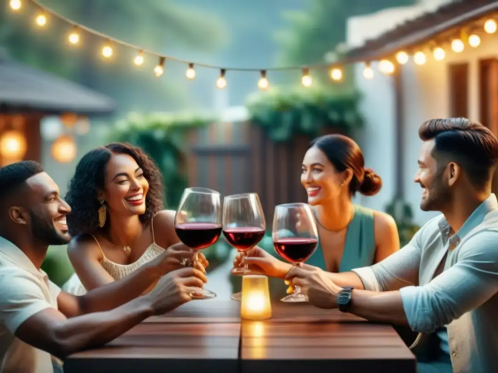 Encantadora reunión con amigos al aire libre brindando con vino tinto Grupo diverso disfruta del vino tinto en terraza vintage iluminada, destacando el consumo moderado alcohol beneficios salud