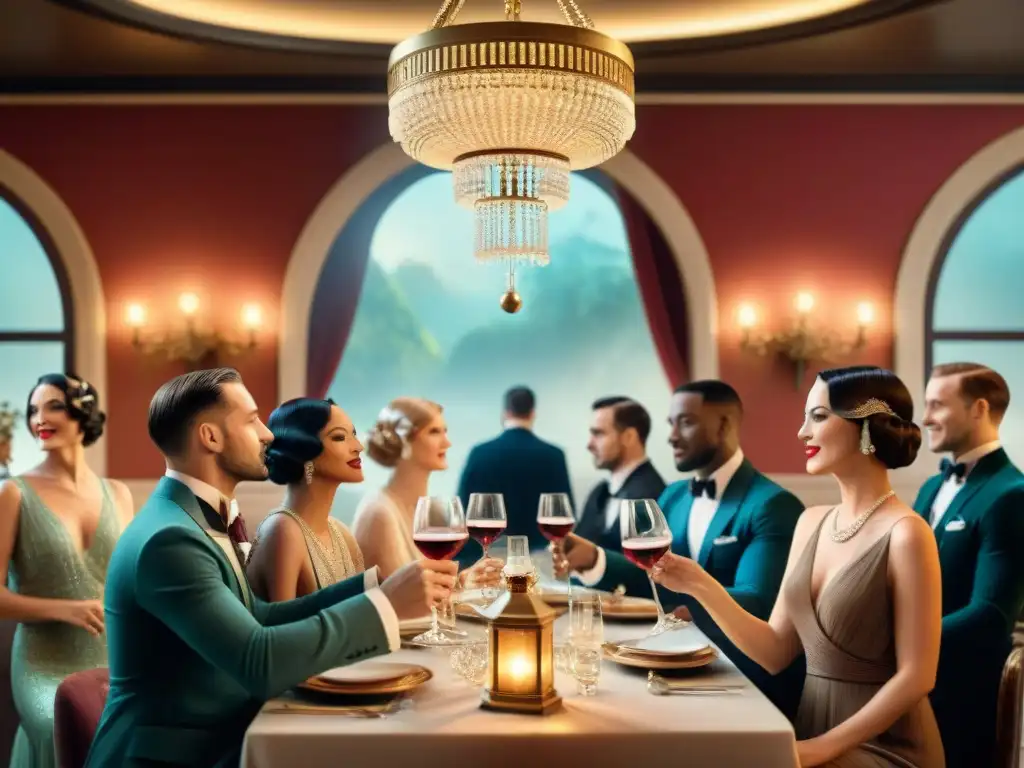 Reunión elegante en salón Art Deco: brindis vintage en 1920 Grupo elegante disfruta de copas en fiesta vintage, evocando moderación y elegancia