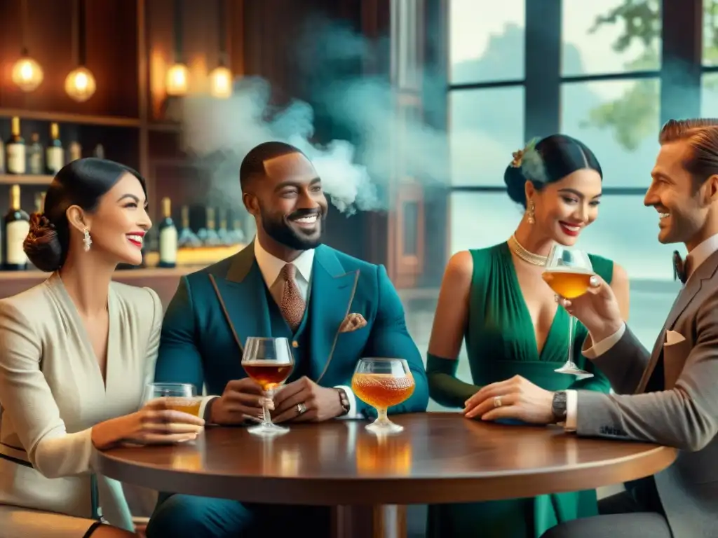 Reunión elegante: disfrute de licores finos con estilo y moderación Grupo elegante disfruta de licores con moderación, generando beneficios consumo moderado licores