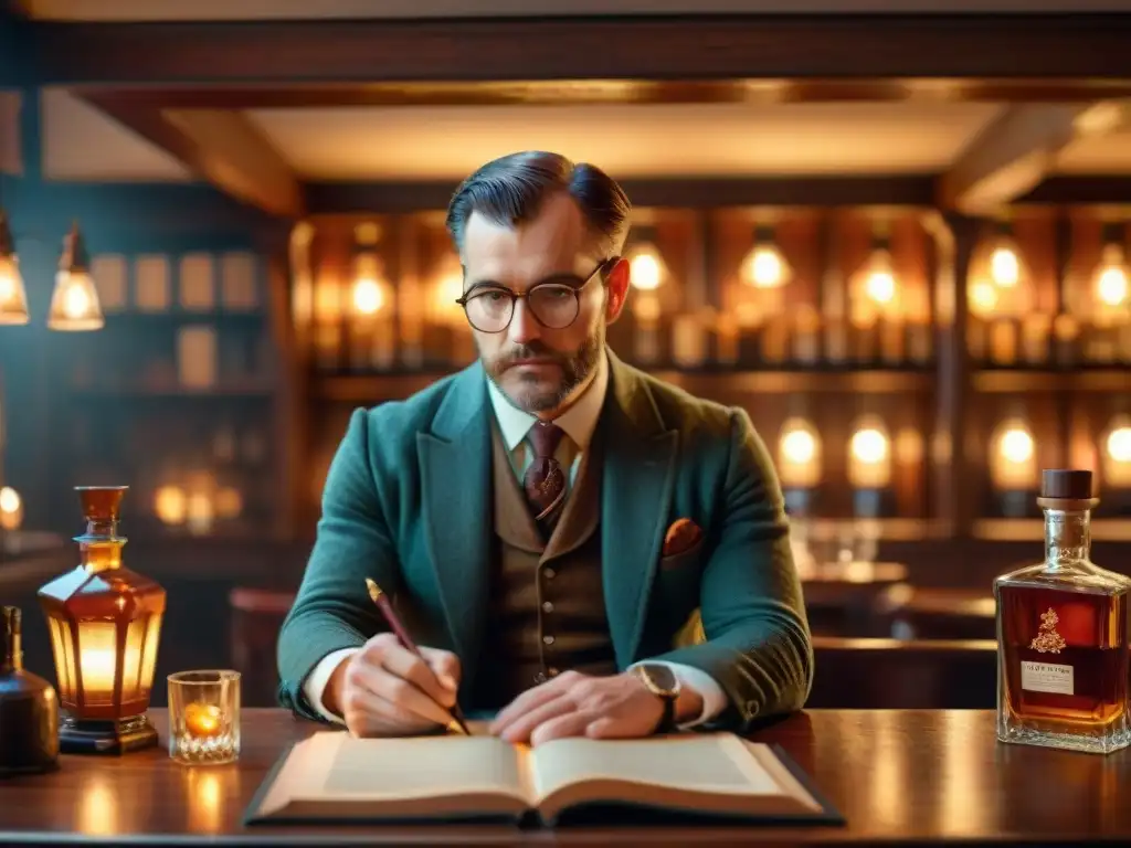 Taberna escocesa: poetas inspirados por whisky en 8k Grupo de escritores y poetas en pub escocés, inspirados por el whisky como musa literaria