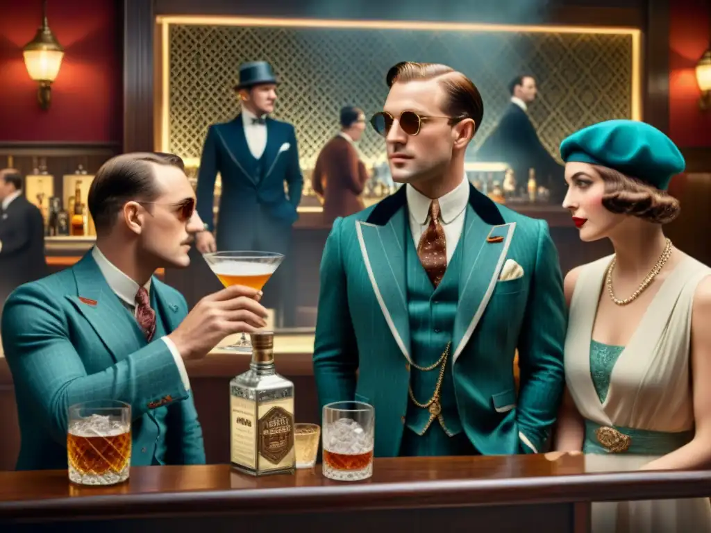 Poster vintage de un speakeasy en los años 20: clandestinidad y camaradería Un grupo en un speakeasy de los años 20 desafiando la prohibición, con la palabra clave 'Propaganda y estigma del alcohol'