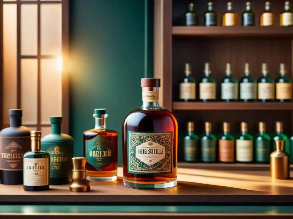 Artesano creando diseño de lujo para botella premium Un hábil artesano crea con detalle un diseño de empaque para destilados, rodeado de materiales exóticos en un taller vintage iluminado por el sol