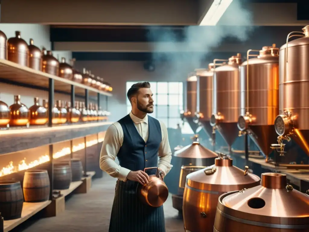 Hábiles maestros destiladores en un taller vintage con técnicas avanzadas destilación bebidas alcohólicas