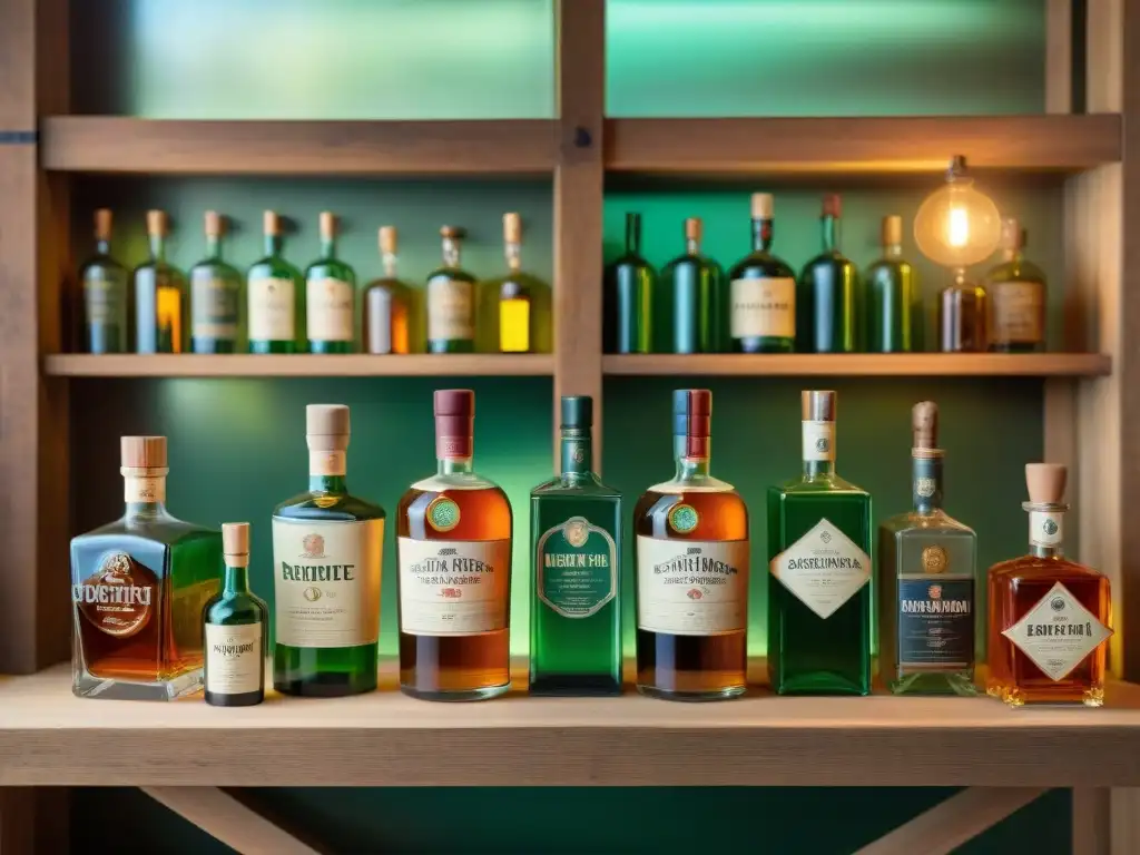 Vitrina vintage: botellas de vidrio antiguas con historia Una hermosa presentación de colección de botellas de destilación en estantería de madera rústica, iluminada por la luz del sol